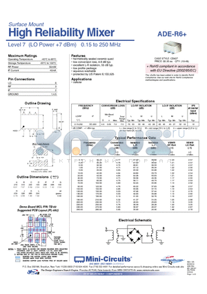 ADE-R6+ datasheet - High Reliability Mixer Level 7 (LO Power 7 dBm) 0.15 to 250 MHz