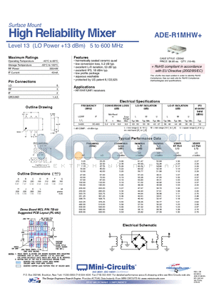 ADE-R1MHW+ datasheet - High Reliability Mixer Level 13 (LO Power 13 dBm) 5 to 600 MHz