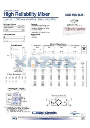 ADE-R901LH+ datasheet - High Reliability Mixer Level 10 (LO Power 10 dBm) 300 to 1000 MHz