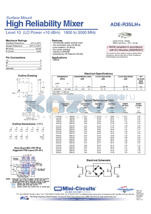 ADE-R35LH+ datasheet - High Reliability Mixer Level 10 (LO Power 10 dBm) 1800 to 3500 MHz