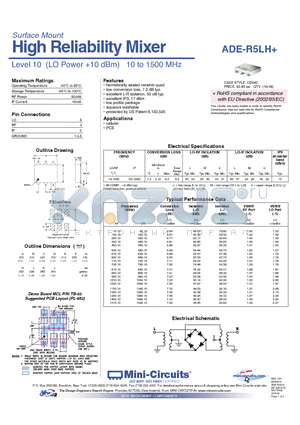 ADE-R5LH datasheet - High Reliability Mixer Level 10 (LO Power 10 dBm) 10 to 1500 MHz