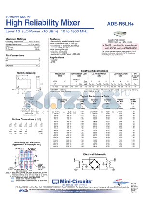 ADE-R5LH+ datasheet - High Reliability Mixer Level 10 (LO Power 10 dBm) 10 to 1500 MHz