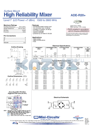 ADE-R20+ datasheet - High Reliability Mixer Level 7 (LO Power 7 dBm) 1500 to 2800 MHz