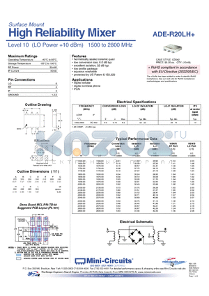 ADE-R20LH datasheet - High Reliability Mixer Level 10 (LO Power 10 dBm) 1500 to 2800 MHz