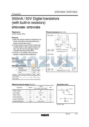 DTD113ES datasheet - 500mA / 50V Digital transistors (with built-in resistors)