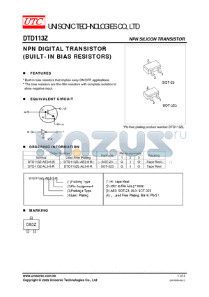 DTD113Z-AE3-6-R datasheet - NPN DIGITAL TRANSISTOR (BUILT- IN BIAS RESISTORS)