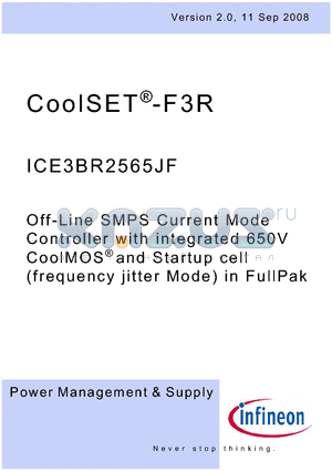 ICE3BR2565JF datasheet - Off-Line SMPS Current Mode Controller with integrated 650V CoolMOS and Startup cell (frequency jitter Mode) in FullPak