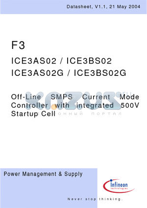 ICE3BS02 datasheet - Off-Line SMPS Current Mode Controller with integrated 500V Startup Cell