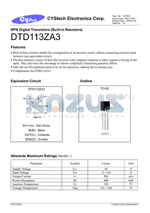 DTD113ZA3 datasheet - NPN Digital Transistors (Built-in Resistors)