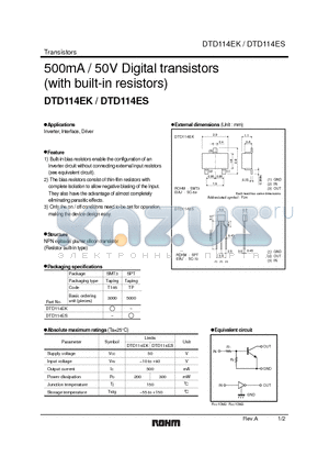 DTD114EK_1 datasheet - 500mA / 50V Digital transistors (with built-in resistors)