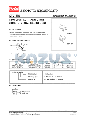 DTD114EG-AE3-R datasheet - NPN DIGITAL TRANSISTOR (BUILT- IN BIAS RESISTORS)