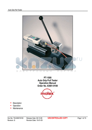 63801-9104 datasheet - PT-1500 Auto Grip Pull Tester Operation Manual