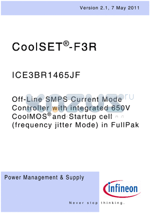 ICE3BR1465JF datasheet - Off-Line SMPS Current Mode Controllerwith integrated 650V CoolMOS^ and Startup cell (frequency jitter Mode) in FullPak