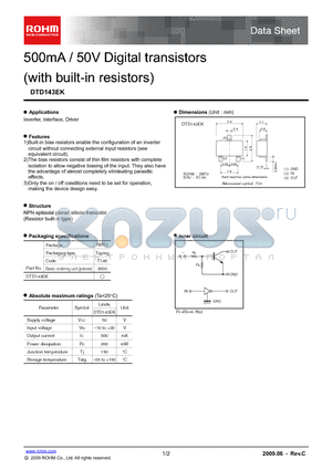 DTD143EK datasheet - 500mA / 50V Digital transistors (with built-in resistors)