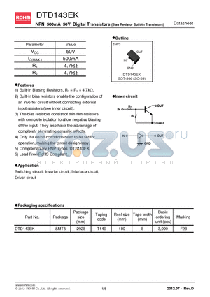 DTD143EKT146 datasheet - NPN 500mA 50V Digital Transistors (Bias Resistor Built-in Transistors)