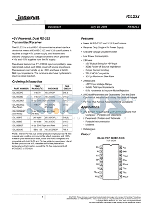 ICL232CBET datasheet - 5V Powered, Dual RS-232 Transmitter/Receiver