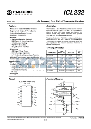 ICL232 datasheet - 5V Powered, Dual RS-232 Transmitter/Receiver