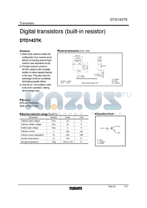 DTD143TK datasheet - Digital transistors (built-in resistor)