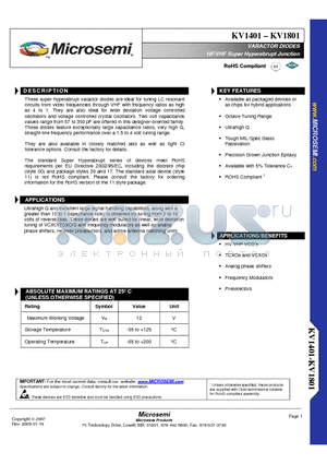 KV1701 datasheet - VARACTOR DIODES HF/VHF Super Hyperabrupt Junction TM