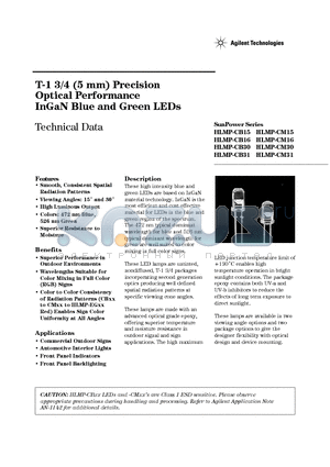 HLMP-CB15 datasheet - T-1 3/4 (5 mm) Precision Optical Performance InGaN Blue and Green LEDs