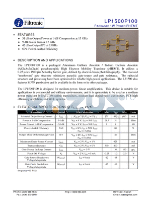 LP1500P100 datasheet - PACKAGED 1W POWER PHEMT