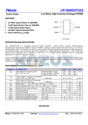 LP1500SOT223 datasheet - Low Noise, High Linearity Packaged PHEMT