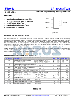 LP1500SOT2232 datasheet - Low Noise, High Linearity Packaged PHEMT