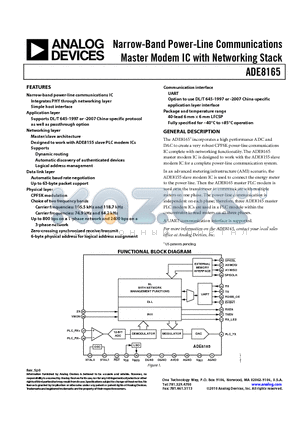 ADE8165 datasheet - Narrow-Band Power-Line Communications Master Modem IC with Networking Stack