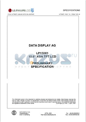 LP150X1 datasheet - DATA DISPLAY AG LP150X1 15.0 XGA TFT LCD PRELIMINARY SPECIFICATION