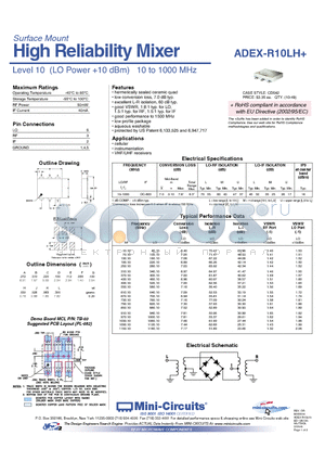 ADEX-R10LH datasheet - High Reliability Mixer Level 10 (LO Power 10 dBm) 10 to 1000 MHz