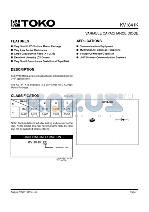 KV1841KP datasheet - VARIABLE CAPACITANCE DIODE