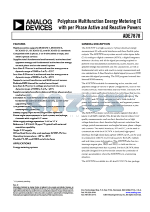 ADE7878ACPZ datasheet - Polyphase Multifunction Energy Metering IC with per Phase Active and Reactive Powers