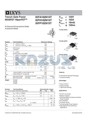 IXFA102N15T datasheet - Trench Gate Power MOSFET HiperFET