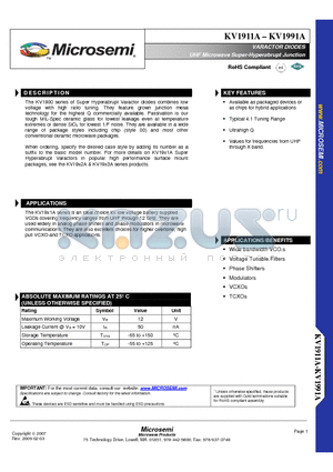 KV1911A datasheet - VARACTOR DIODES UHF Microwave Super-Hyperabrupt Junction