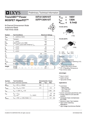 IXFA130N10T datasheet - TrenchMV Power MOSFET HiperFET