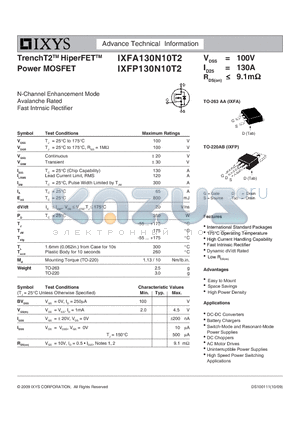 IXFA130N10T2 datasheet - TrenchT2 HiperFET Power MOSFET