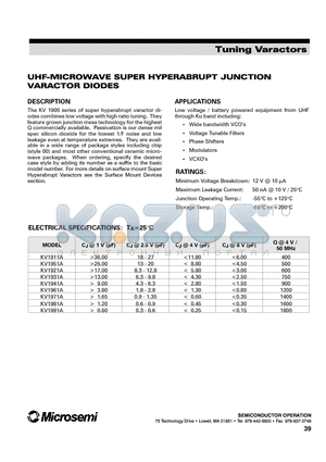 KV1921A datasheet - UHF-MICROWAVE SUPER HYPERABRUPT JUNCTION VARACTOR DIODES
