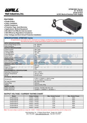 DTEM10601D datasheet - 42~55 Watts Single Output AC/DC Medical Desktop Power Supply