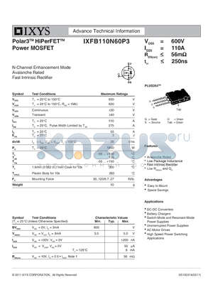 IXFB110N60P3 datasheet - Polar3 HiPerFET Power MOSFET