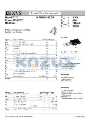 IXFB62N80Q3 datasheet - HiperFETTM Power MOSFET Q3-Class