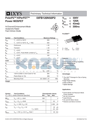 IXFB120N50P2 datasheet - PolarP2 HiPerFET Power MOSFET