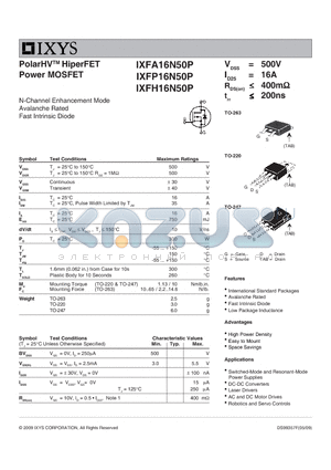 IXFA16N50P datasheet - PolarHV HiperFET Power MOSFET