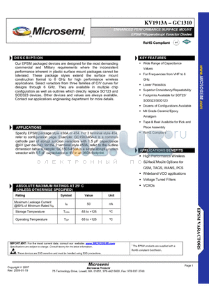 KV1943A datasheet - ENHANCED PERFORMANCE SURFACE MOUNT EPSMHyperabrupt Varactor Diodes TM