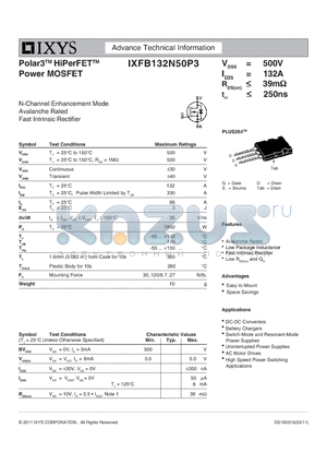 IXFB132N50P3 datasheet - Polar3 HiPerFET Power MOSFET