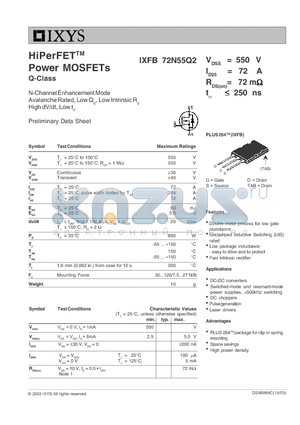IXFB72N55Q2 datasheet - HiPerFET Power MOSFETs Q-Class
