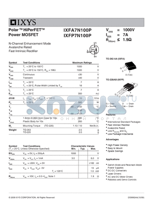IXFA7N100P datasheet - Polar HiPerFET Power MOSFET