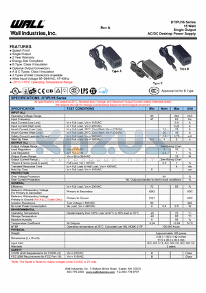 DTIPU16C-105 datasheet - 15 Watt Single Output AC/DC Desktop Power Supply