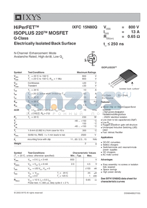 IXFC15N80Q datasheet - HiPerFET ISOPLUS 220 MOSFET Q-Class Electrically Isolated Back Surface