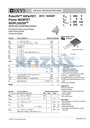IXFC16N80P datasheet - PolarHV HiPerFET Power MOSFET ISOPLUS220