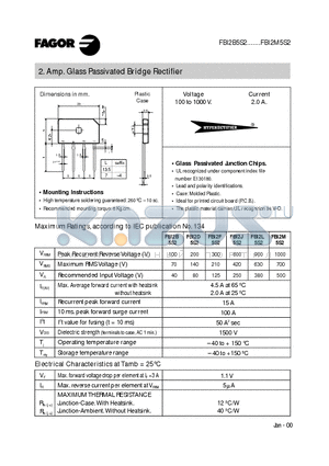 FBI2B5S2 datasheet - 2. Amp. Glass Passivated Bridge Rectifier